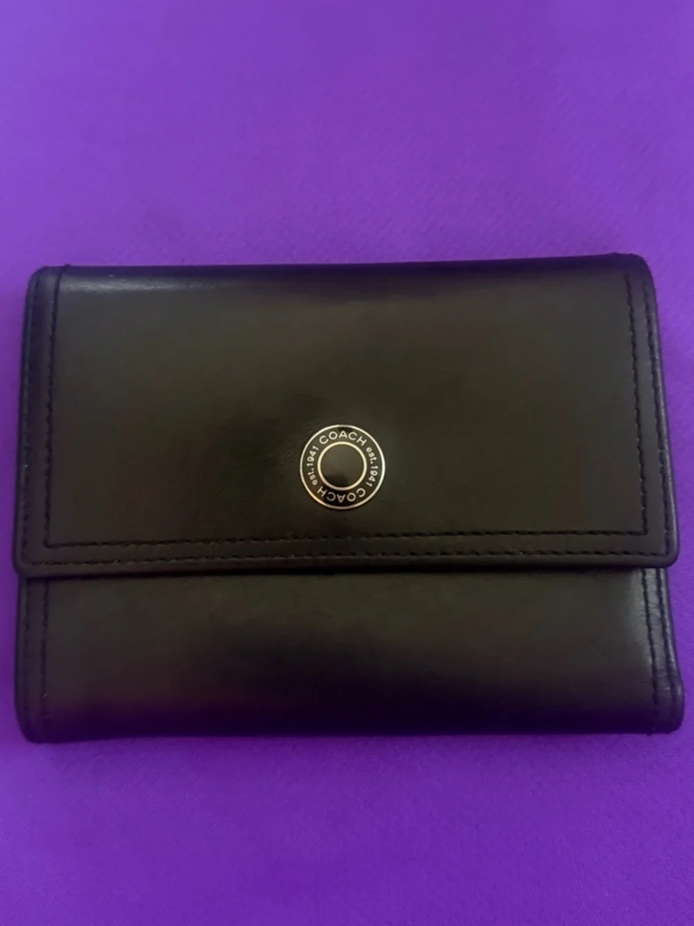 Coach Black Leather Trifold Wallet with Round Logo Snap